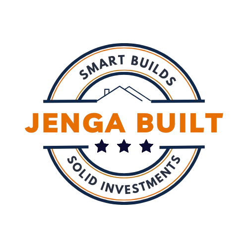 A round shaped logo of Jenga Built with slogan, Smart Builds, solid investments.